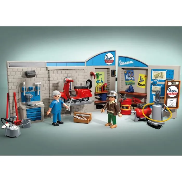 Playmobil 71620 - Garage Vespa Style Rétro Années 60 avec Scooter et Accessoires, Jeu de Construction 88 Pièces