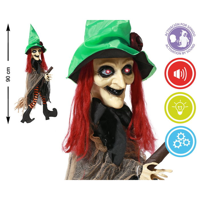 BigBuy Home Sorcière Suspendue avec Chapeau Vert, Cheveux Rouges, Lumière et Mouvement (90cm)