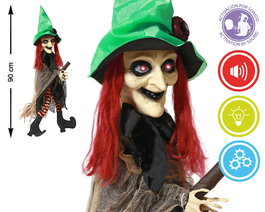 Bruja Colgante 90 cm avec Son et Mouvement, Lumière, Sombrero Vert et Cheveux Rouges - Décoration Halloween Extérieure