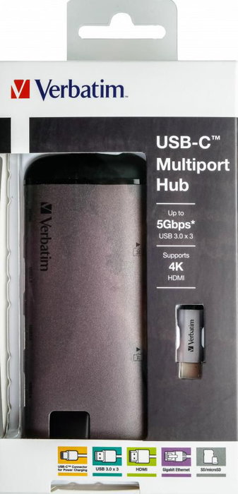 Verbatim Hub multiport USB-C - HDMI 4K, 3x USB 3.0, Ethernet, SD/microSD
