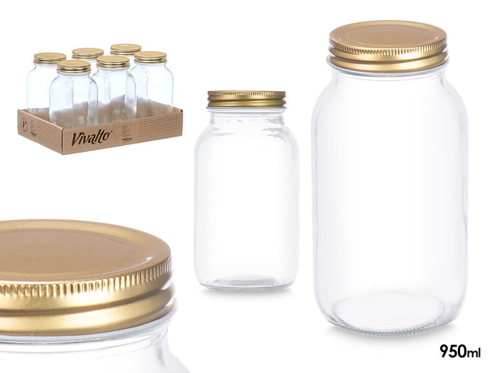 Vivalto Bocal de Conservation 950 ml 9x18x9 cm Verre et Plastique Transparent et Doré (Set de 12) Vivalto Bocal de Conservation 950 ml 9x18x9 cm Verre et Plastique Transparent et Doré (Set de 12)