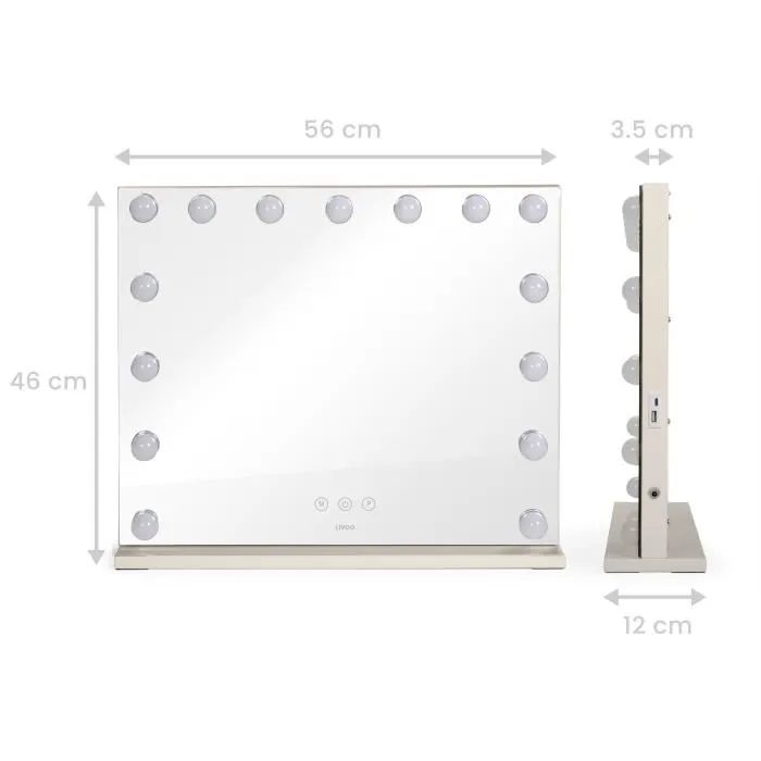 Livoo DOS207 Miroir de maquillage Hollywood avec 15 LEDs et 3 modes lumineux - 56 x 44 cm - Blanc