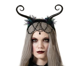 Serre-tête avec cornes noires bouclées et fleurs sombres
