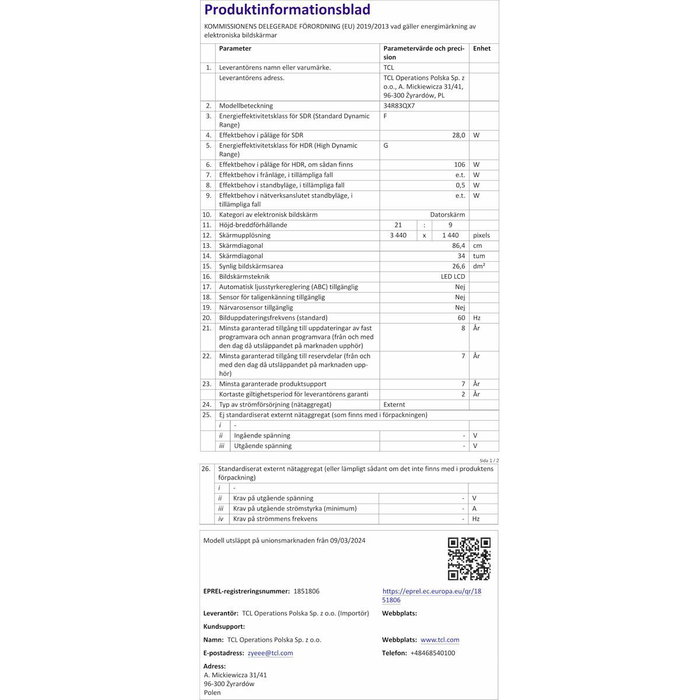 Écran TCL 34R83Q LCD 37"