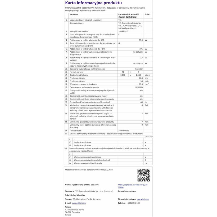 Écran TCL 34R83Q LCD 37"