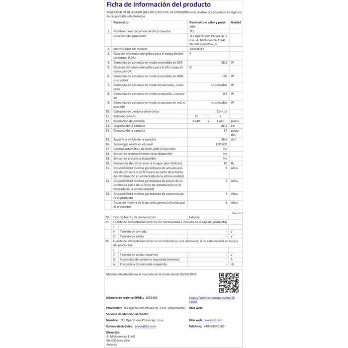 Écran TCL 34R83Q LCD 37"