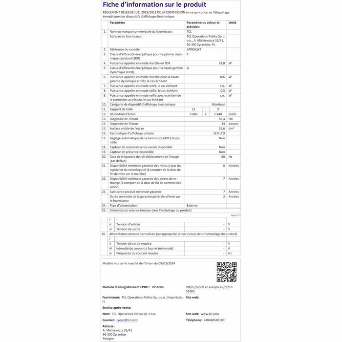 Écran TCL 34R83Q LCD 37"