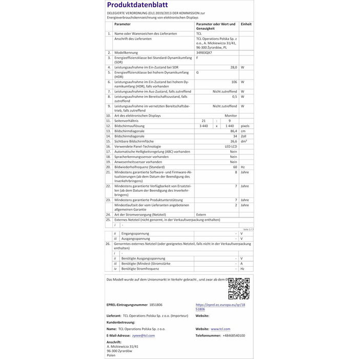 Écran TCL 34R83Q LCD 37"