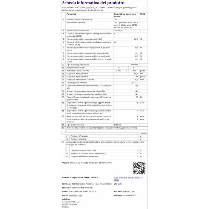 Écran TCL 34R83Q LCD 37"