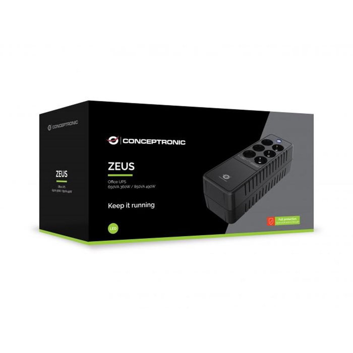 Conceptronic ZEUS09E UPS 850 VA 490 W Onduleur Standby, 6 Prises Schuko, Protection Surtension, Noir