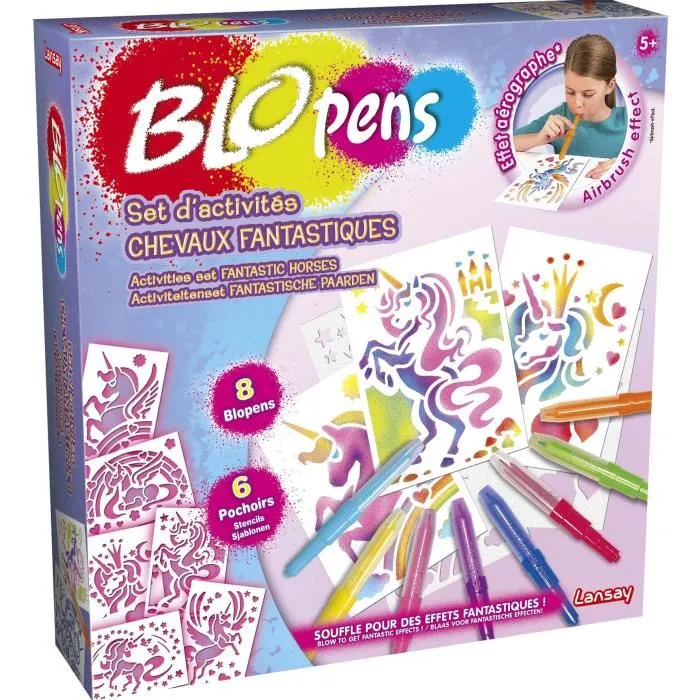 Lansay Set d'activités Chevaux Fantastiques BLOPENS - Kit créatif effet aérographe avec 8 Blopens, 6 pochoirs et 6 feuilles pour enfant à partir de 5 ans