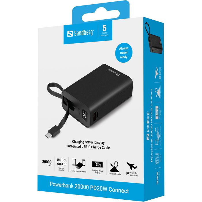 Sandberg Powerbank 20000 mAh avec câble intégré - Recharge Rapide PD 20W - Ports USB-A et USB-C - Batterie portable pour smartphone et tablette Sandberg Powerbank 20000 mAh avec câble intégré - Recharge Rapide PD 20W - Ports USB-A et USB-C - Batterie portable pour smartphone et tablette