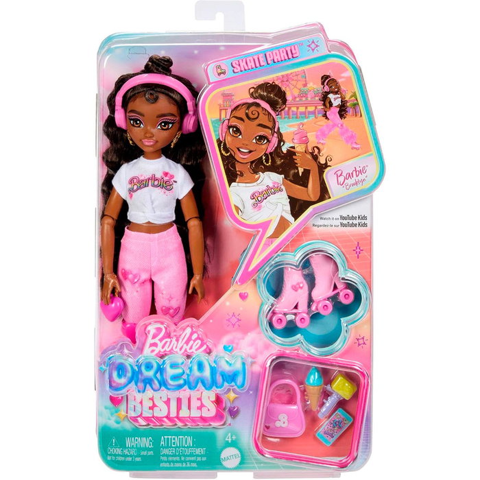Barbie Dream Besties, poupée Brooklyn Skate Party articulée avec accessoires, vêtements et patins à roulettes, Jfx97 Mattel