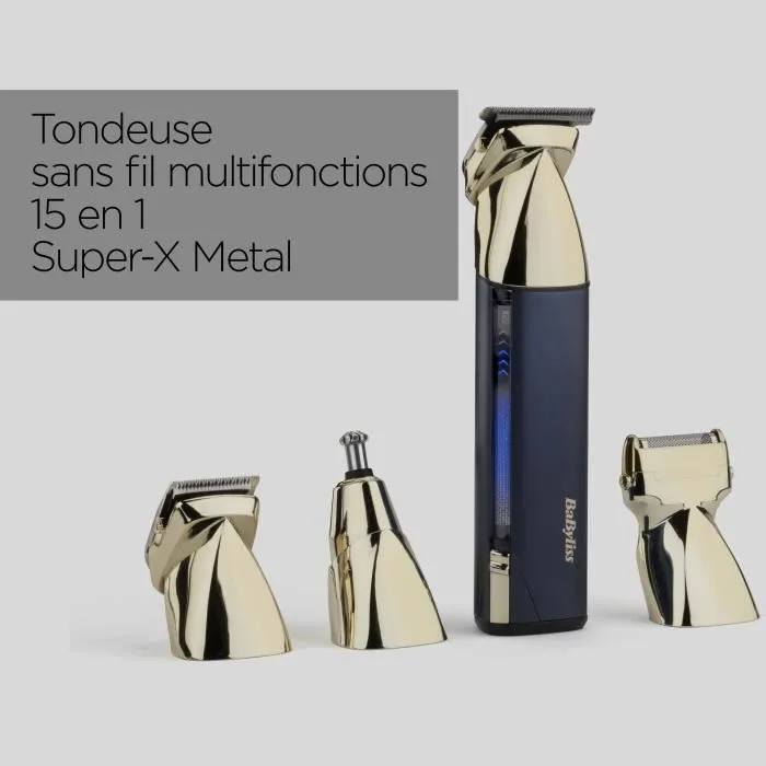 Babyliss Tondeuse Multi-Usages 15-en-1 Super-X Metal MT992E Sans Fil avec 4 Têtes, Autonomie 5h, Edition Gold & Navy, Tondeuse Barbe Corps