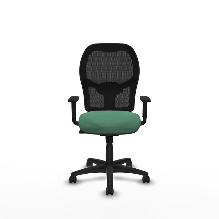 Chaise Alocén Synchro 3 positions tissu Vert émeraude Maille Noir Structure polyamide noire Accoudoir 1D Sans appui-tête Roulettes pour moquette