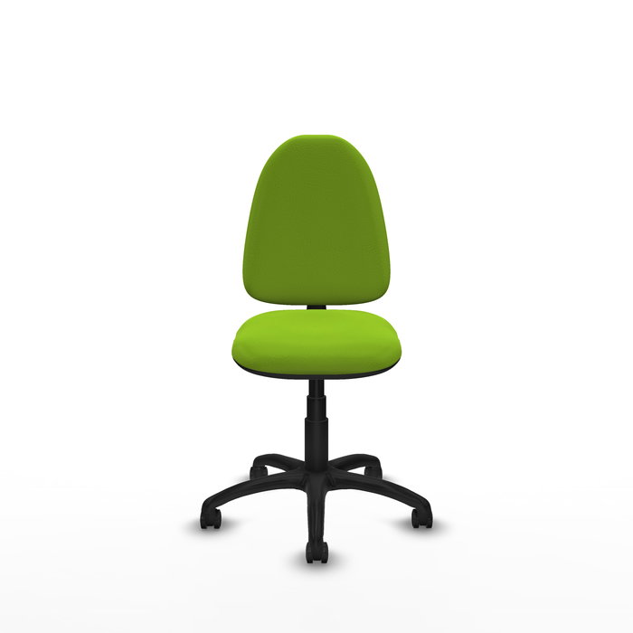 Chaise de bureau Aýna avec mécanisme Contact permanent de base, revêtue de simili cuir couleur pistache. Équipée d'une base en polyamide noir, sans accoudoirs et avec roulettes pour parquet
