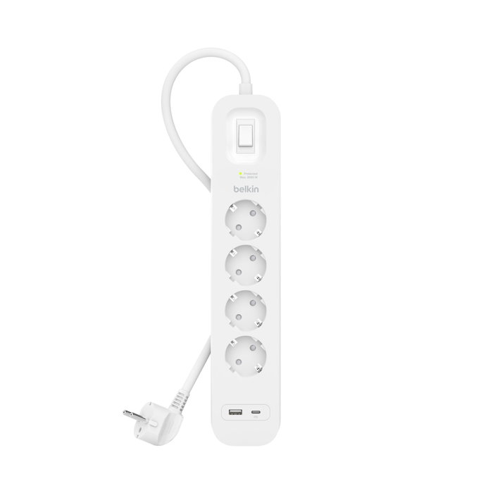 Belkin Multiprise Parasurtenseur 4 Prises avec USB-C et USB-A, 525J, 2m