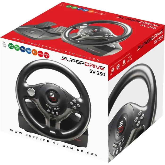 Subsonic SV250 Volant de course avec pédalier - Compatible Switch 2, Switch, PS4, Xbox Series X/S, Xbox One, PC - Palettes, vibrations, fixation par ventouses