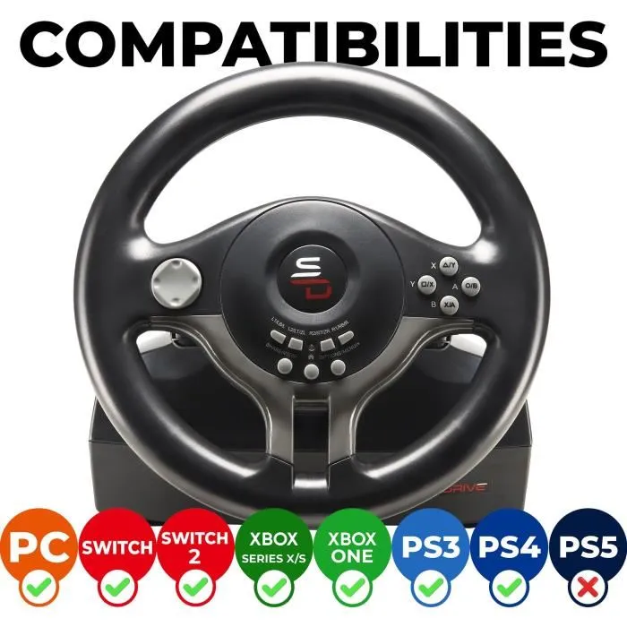 Subsonic SV250 Volant de course avec pédalier - Compatible Switch 2, Switch, PS4, Xbox Series X/S, Xbox One, PC - Palettes, vibrations, fixation par ventouses