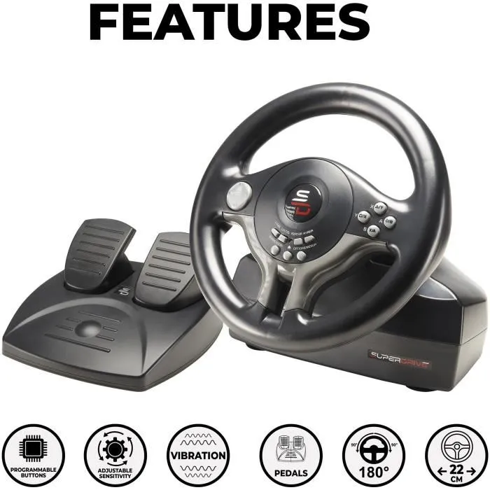 Subsonic SV250 Volant de course avec pédalier - Compatible Switch 2, Switch, PS4, Xbox Series X/S, Xbox One, PC - Palettes, vibrations, fixation par ventouses