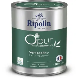 Ripolin Peinture O'PUR 472187, Vert Zapfino Satin Velouté 2 L - Pour murs, boiseries et radiateurs - Biosourcée 97%, Ecolabel, lessivable