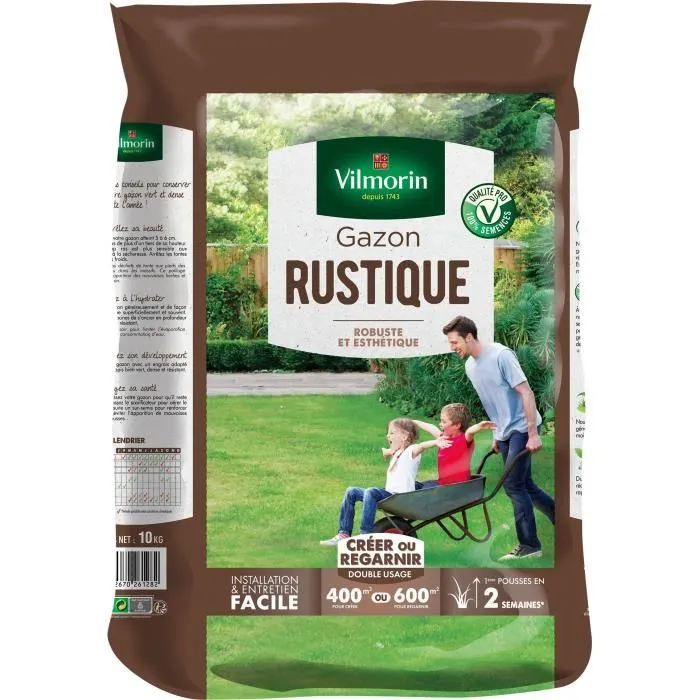 Vilmorin Semences de gazon rustique - 10 kg - Taux de germination supérieur de 10% - 100% semences pures - Pour 400 m² création ou 600 m² regarnissage