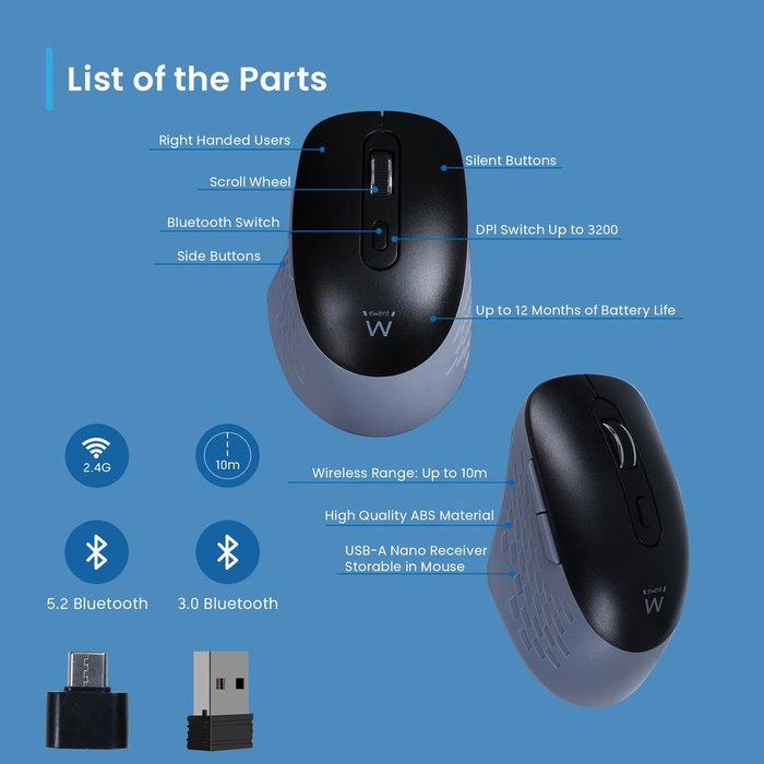 Ewent EW3243 Souris Optique Sans Fil Bluetooth 2.4GHz Noir Gris, 6 Boutons Silencieux, DPI 3200