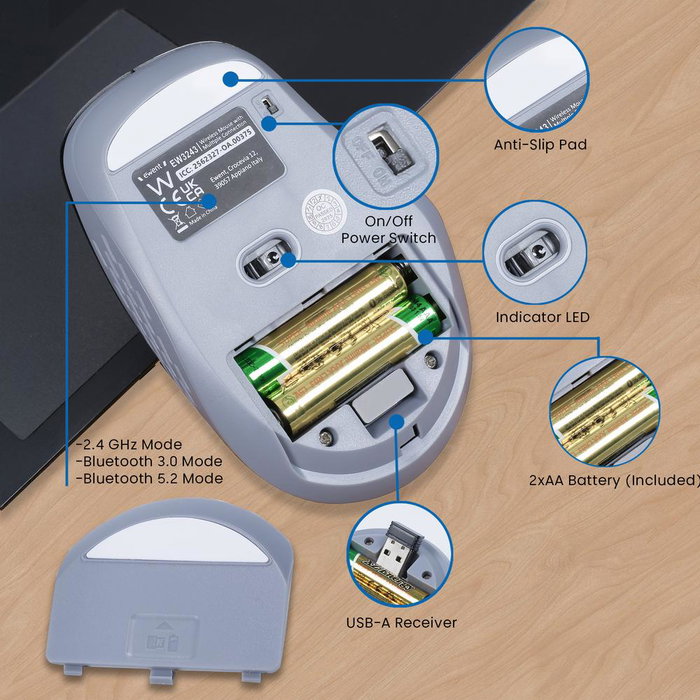 Ewent EW3243 Souris Optique Sans Fil Bluetooth 2.4GHz Noir Gris, 6 Boutons Silencieux, DPI 3200