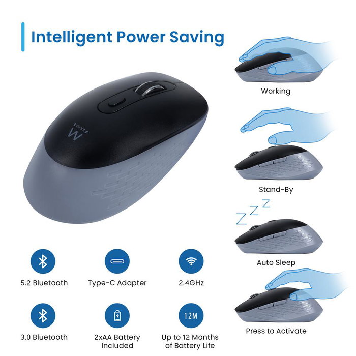 Ewent EW3243 Souris Optique Sans Fil Bluetooth 2.4GHz Noir Gris, 6 Boutons Silencieux, DPI 3200