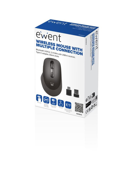 Ewent EW3243 Souris Optique Sans Fil Bluetooth 2.4GHz Noir Gris, 6 Boutons Silencieux, DPI 3200