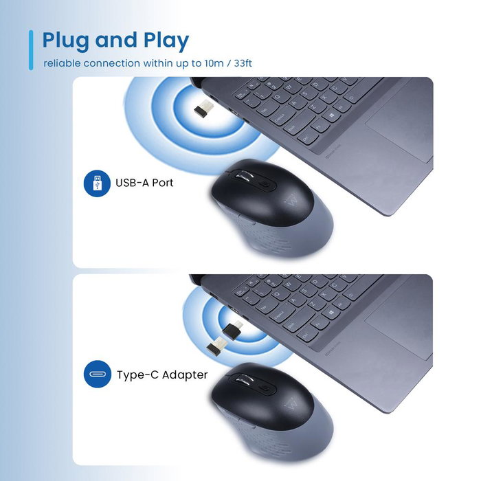Ewent EW3243 Souris Optique Sans Fil Bluetooth 2.4GHz Noir Gris, 6 Boutons Silencieux, DPI 3200