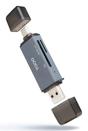 TooQ Lector de Tarjetas SD + TF USB-C 3.0 + USB-A Gris Aluminium