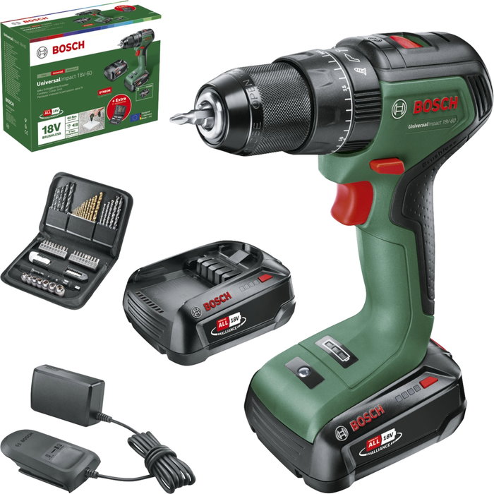 Bosch UniversalImpact 18V-60 Perceuse à percussion sans fil avec 2x 2,0 Ah et accessoires Bosch UniversalImpact 18V-60 Perceuse à percussion sans fil avec 2x 2,0 Ah et accessoires