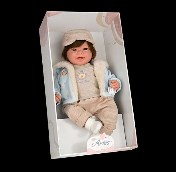 Muñecas Arias Muñeca Elegance 45 cm Zoe Beige avec cheveux et mécanisme de rire Try Me, Poupée interactive parlante espagnole pour enfants 3 ans et plus