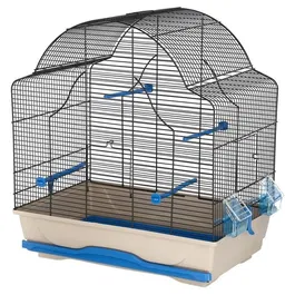 Kerbl - Cage à oiseaux Daisy - Cage de transport 56 x 36.5 x 62 cm avec 4 perchoirs, 2 mangeoires et bac amovible - Couleur beige et bleu