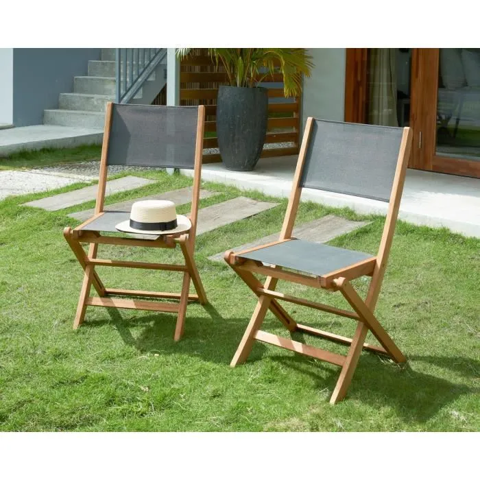 EDEN - Lot de 4 chaises de jardin pliantes en bois d'acacia FSC, assise textilene gris - 58 x 58 x H90 cm