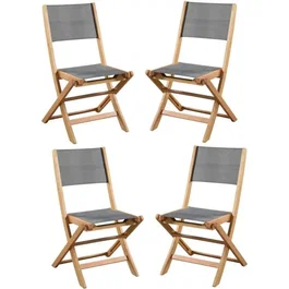 EDEN - Lot de 4 chaises de jardin pliantes en bois d'acacia FSC, assise textilene gris - 58 x 58 x H90 cm