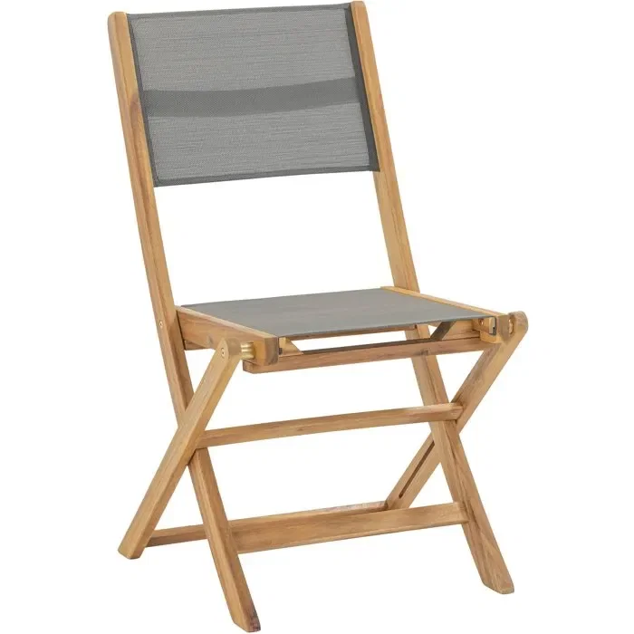 EDEN - Lot de 4 chaises de jardin pliantes en bois d'acacia FSC, assise textilene gris - 58 x 58 x H90 cm
