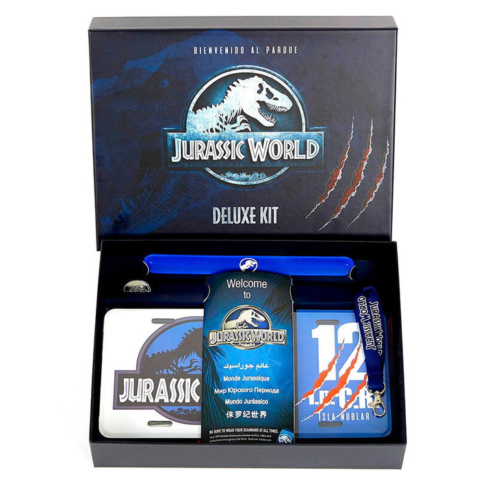 DOCTOR COLLECTOR Kit Deluxe Jurassic World - Matricula aluminium, ticket, pulsera, carte, guide dinosaures, pase VIP, postal, monnaie, stickers