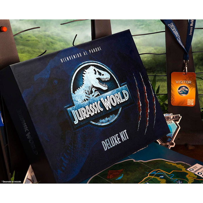 DOCTOR COLLECTOR Kit Deluxe Jurassic World - Matricula aluminium, ticket, pulsera, carte, guide dinosaures, pase VIP, postal, monnaie, stickers