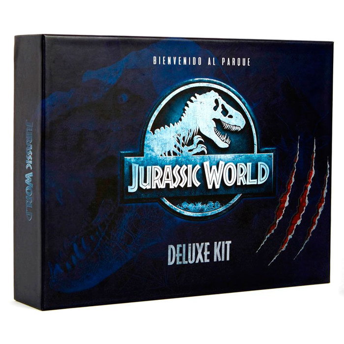 DOCTOR COLLECTOR Kit Deluxe Jurassic World - Matricula aluminium, ticket, pulsera, carte, guide dinosaures, pase VIP, postal, monnaie, stickers
