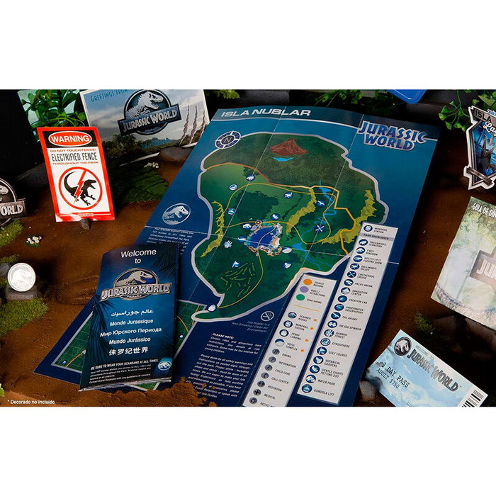 DOCTOR COLLECTOR Kit Deluxe Jurassic World - Matricula aluminium, ticket, pulsera, carte, guide dinosaures, pase VIP, postal, monnaie, stickers
