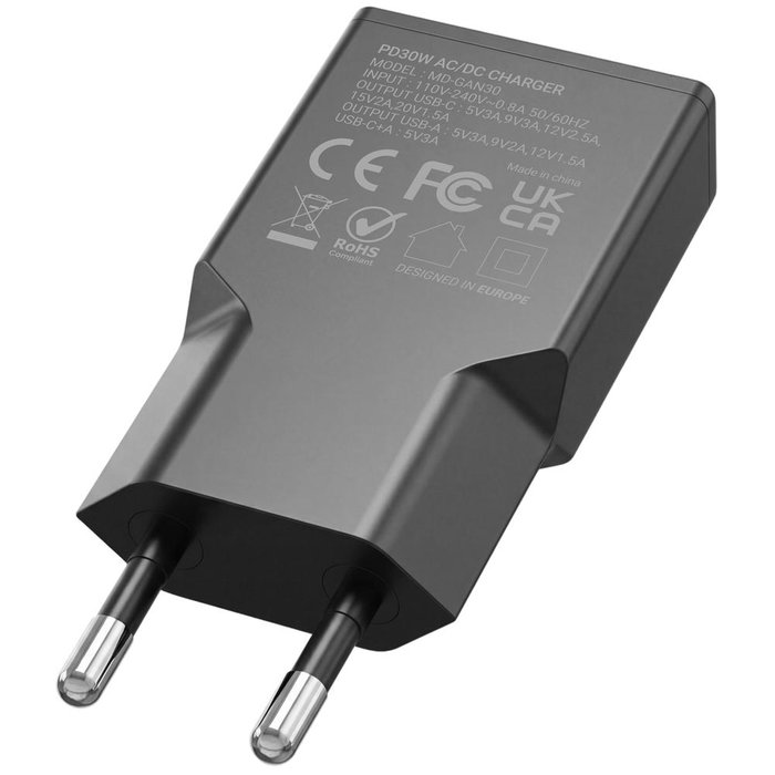 Mars Gaming MDGAN30 Chargeur Murale 30W GaN QC 3.0 PD 3.0 USB-C USB-A Noir Compact Rapide