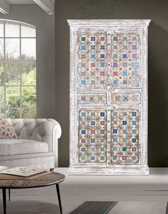 GINER Y COLOMER, Armoire en Bois de Mango avec Incrustations en Céramique et Bronze, Finition Blanc Lavé, 4 Portes, 2 Tiroirs, 185 x 100 x 40 cm