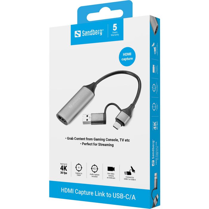 Sandberg HDMI Capture Link to USB-C/A - Carte de capture HDMI vers USB-C/USB-A pour webcam et streaming 4K
