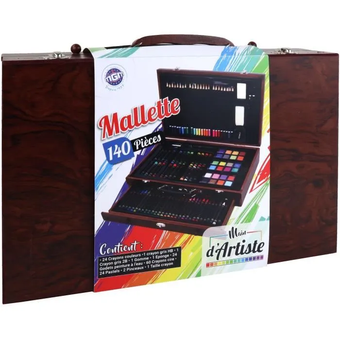 MGM Mallette Artistique XXL Main d'Artiste - Kit Complet de 140 Pièces pour Dessin et Peinture avec Crayons, Peinture, Pinceaux - Activités Manuelles et Art Plastiques