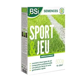 BSI - Mélange de Semences de Gazon pour Sport et Jeu Ray-grass Anglais Fétuque Rouge Pâturin - Enrobage Protecteur - Jusqu'à 25 m² - 500g
