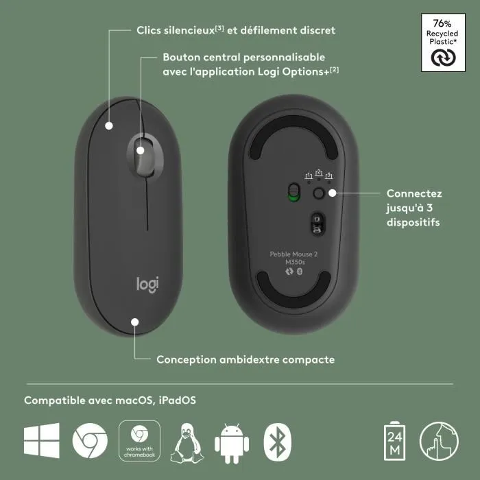 Logitech M350s Pebble Mouse 2 - Souris sans fil Bluetooth Graphite - Compatible 3 appareils, bouton personnalisable, plastique recyclé