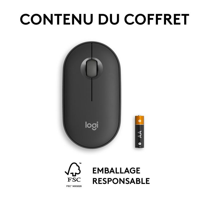 Logitech M350s Pebble Mouse 2 - Souris Bluetooth Ultra-Portable Silencieuse, Design Fin et Rond, Connexion Multi-Appareils, 2 Ans Autonomie