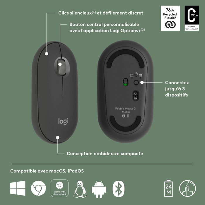 Logitech M350s Pebble Mouse 2 - Souris Bluetooth Ultra-Portable Silencieuse, Design Fin et Rond, Connexion Multi-Appareils, 2 Ans Autonomie